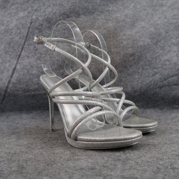 Nine West Shoes Womens 8 Heeled Sandal Ankle Strap Pumps Platform Silver Glitter - Picture 1 of 15
